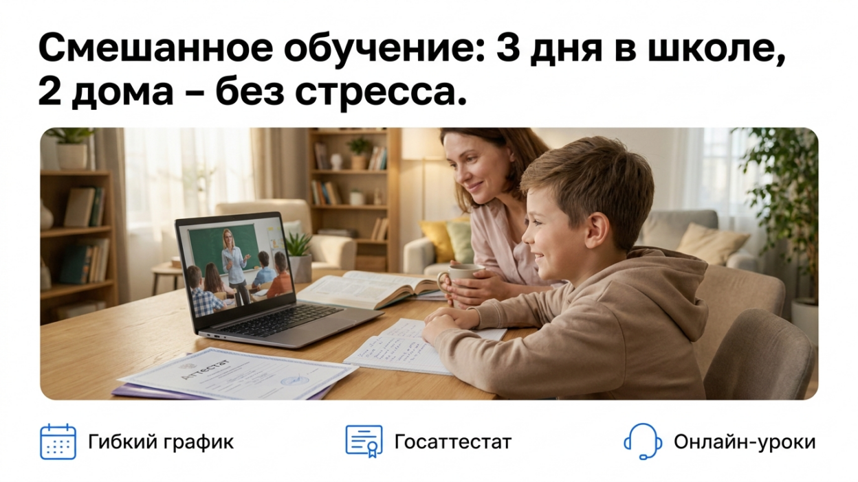 Гибридное обучение: 3 дня в школе, 2 дня дома.